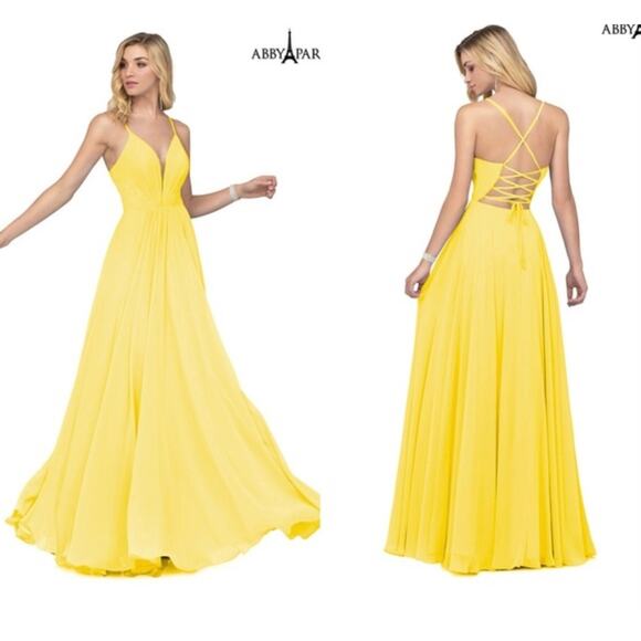 Abby Paris formal Gown 8 Butter Cup yellow Illusion plunging open back NWT $338 - Picture 1 of 15